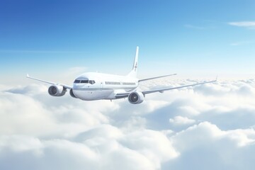 A large passenger jet flying through a blue sky. Suitable for travel and transportation concepts