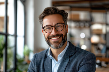 Confident bearded businessman with glasses smiling in modern creative workspace