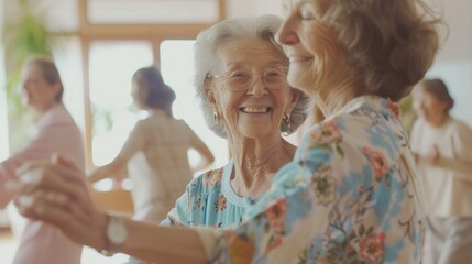 A group of older women dancing in a room. Suitable for social events and senior activities