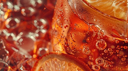 Close-up of a glass of soda with a fresh lemon slice. Great for food and beverage concepts