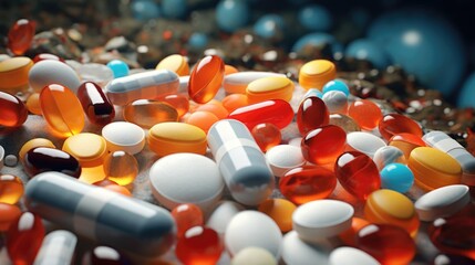 Various pills and capsules arranged on a table. Suitable for medical concepts