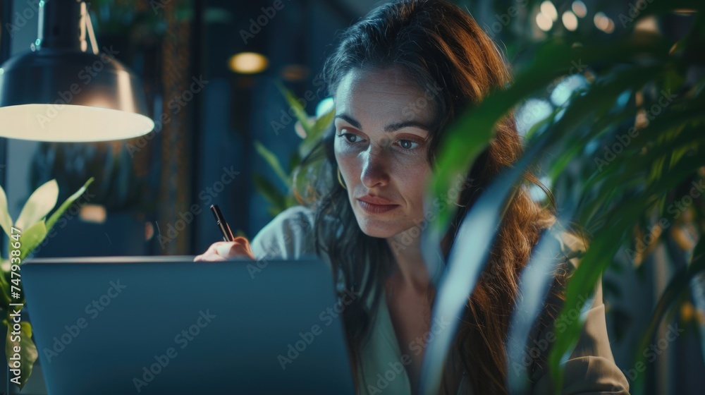 Poster a woman sitting in front of a laptop computer. suitable for business and technology concepts