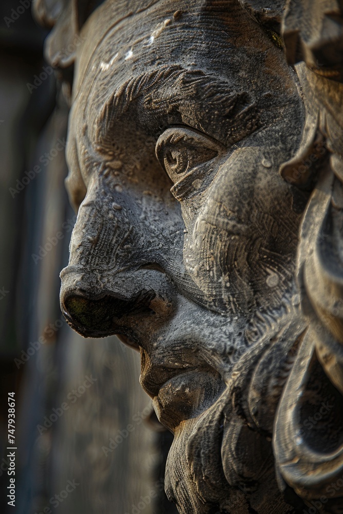 Poster detailed close-up of a statue depicting a man's face. suitable for various projects