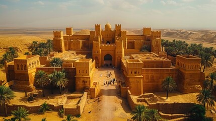Ancient traditional architecture. Golden fortress in desert. Sandy landscape. Beautiful towers and gateways. Historical cultural building background. Palm tree. Old Arabian castle. Arabic tourism spot - obrazy, fototapety, plakaty