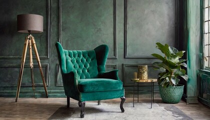 Emerald Elegance: Stylish Living Room with Green Armchair Against Moody D