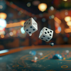 Two white dice flying over a casino table.