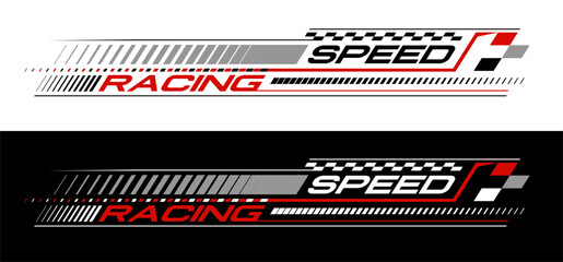 Racing stripes geometric lines design racing car hood sticker, dynamic arrow shapes and lines background for sporting event. racing start and finish flag. vector illustration template for motorsports