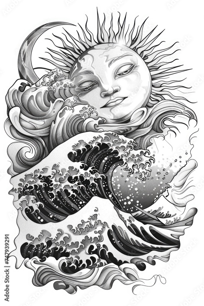 Poster a simple drawing of a sun and a wave. suitable for educational materials