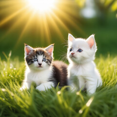 puppy and kitten against the backdrop of bright sun rays