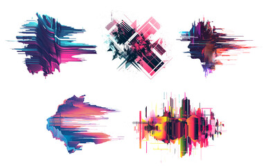 Distorted abstract glitches shape set. Glow design textured element isolated