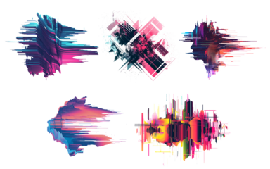 Distorted abstract glitches shape set. Glow design textured element isolated