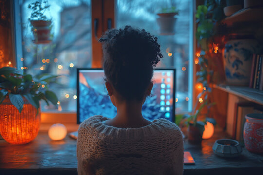 Young Black Girl Is Studying In Front Of Computer At Home. Copy Space. Home Education Concept. Selective Focus. 