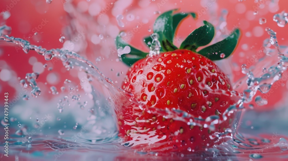 Poster A vibrant strawberry splashing into a refreshing pool of water. Perfect for summer concepts