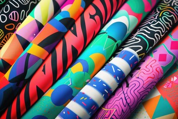 A pile of colorful wrapping paper ready for use. Perfect for gift wrapping projects
