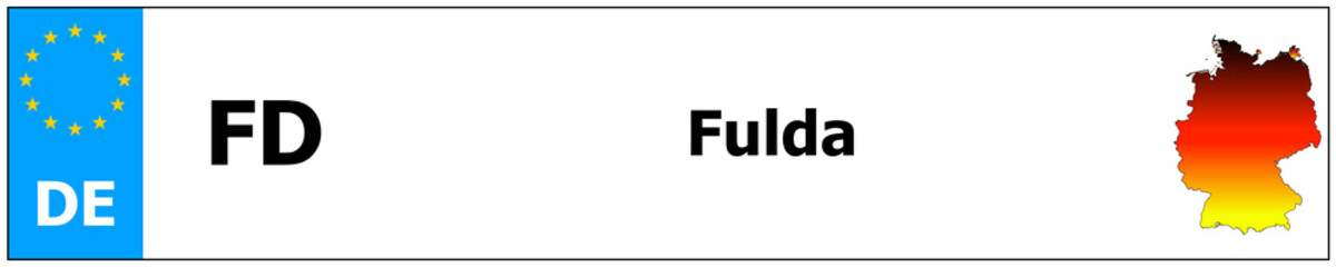 Fulda car licence plate sticker name and map of Germany. Vehicle registration plates frames German number