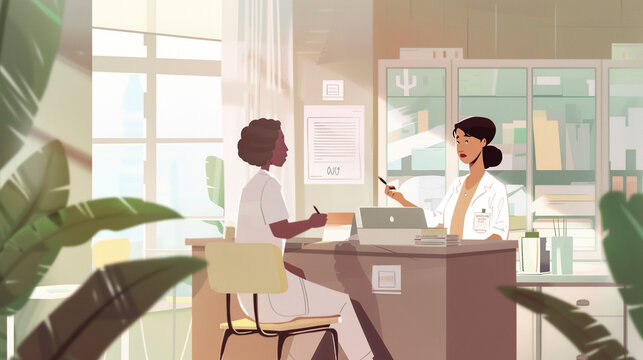 Female Patient Visiting Doctor in Modern Minimalistic Illustration