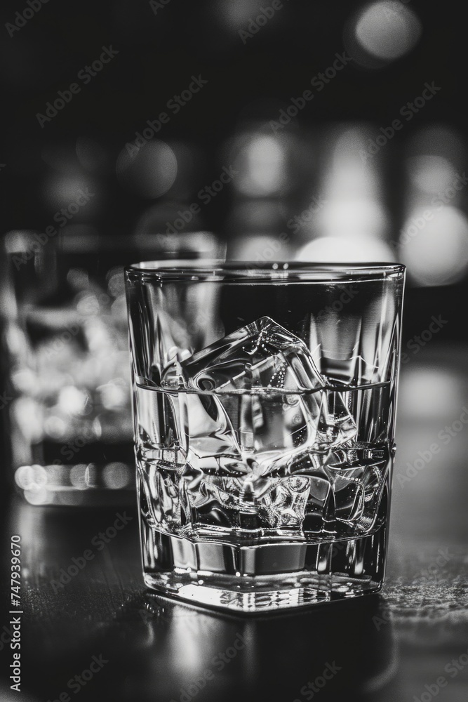 Poster a close up of a glass of water on a table. suitable for various concepts and designs