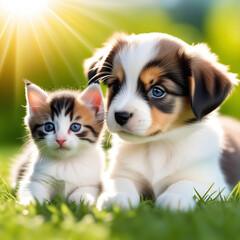 Naklejka na ściany i meble puppy and kitten against the backdrop of bright sun rays