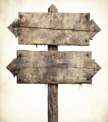 a wooden signpost with three directional points showing the way, in the style of pulled, scraped, and scratched, white background сreated with Generative Ai - obrazy, fototapety, plakaty
