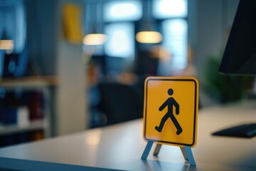 A yellow pedestrian sign placed on a desk, suitable for various concepts and designs