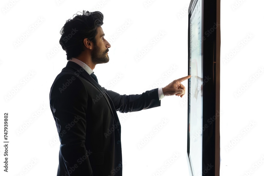 Poster a man in a suit pointing at a window, suitable for business concepts