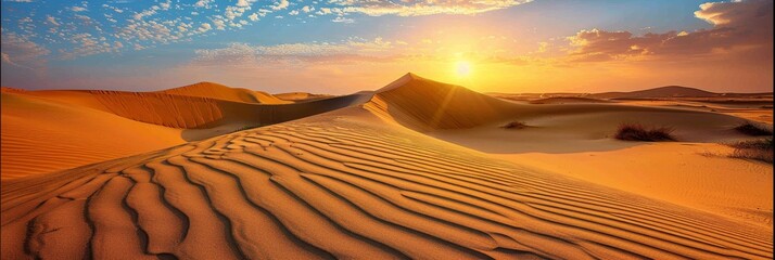 Majestic sahara desert panorama at sunset with golden sand dunes   captivating landscape banner - obrazy, fototapety, plakaty
