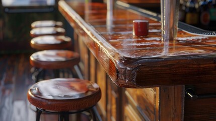 A row of stools next to a wooden bar. Perfect for interior design projects