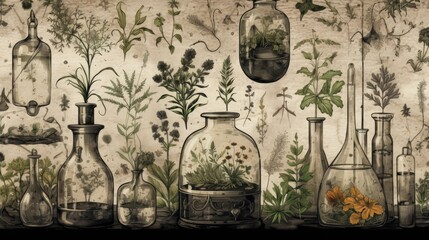 A collection of glass bottles filled with various plants. Ideal for eco-friendly and botanical concepts