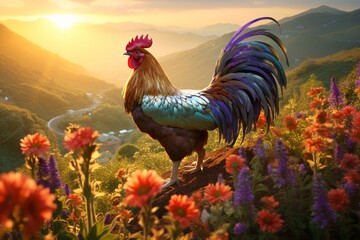 a rooster standing on a hill with flowers - obrazy, fototapety, plakaty