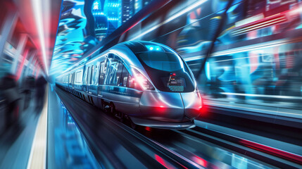 High-speed train zipping through a futuristic metropolis sleek design - obrazy, fototapety, plakaty