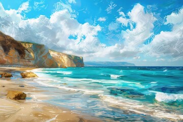 A serene beach scene with a majestic cliff in the background. Ideal for travel brochures or coastal themed designs
