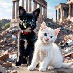 Dog and cat against the backdrop of a garbage dump