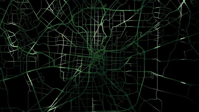 Zoom in road map of San Antonio Texas with green glowing roads on a black background.