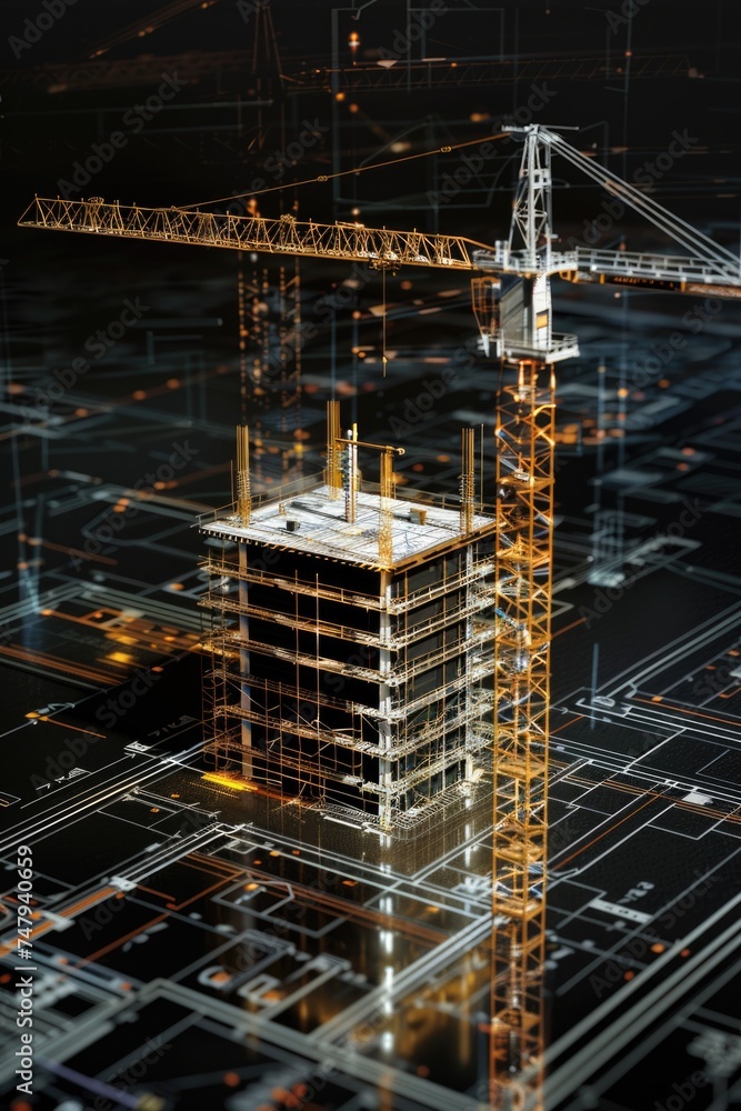 Poster a building under construction with a crane on top. suitable for construction industry concepts