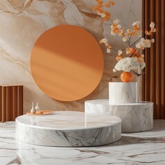 Fototapeta na wymiar Orange and white marble showcase