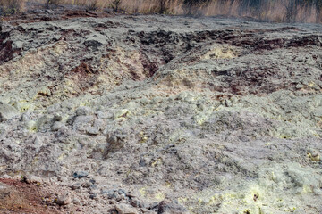 At Ha'akulamanu (Sulphur Banks), volcanic gases seep out of the ground, along with ground water steam. Hawaiʻi Volcanoes National Park.