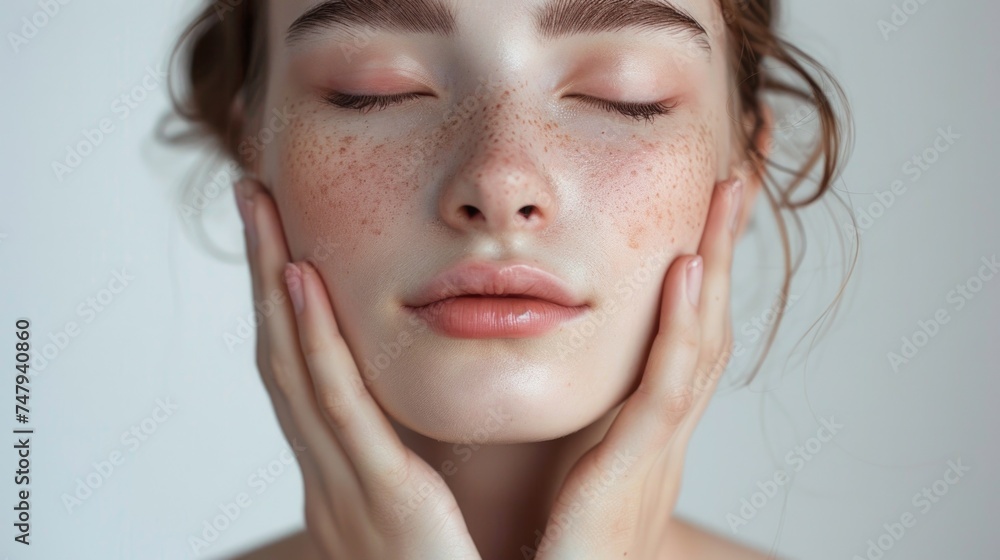 Sticker Close up of a woman with freckles, suitable for beauty and skincare concepts