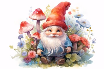 a gnome with a red hat and flowers