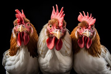 a group of chickens looking at the camera