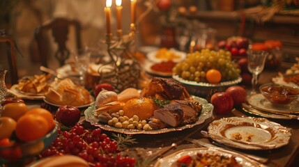 Fototapeta premium A table set with plates of food and lit candles, suitable for various occasions