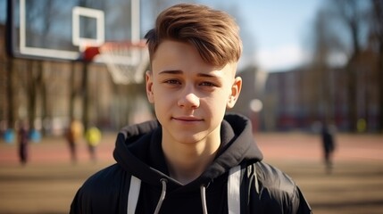 Cheerful young man in sportswear at spring park, outdoor setting with space for text
