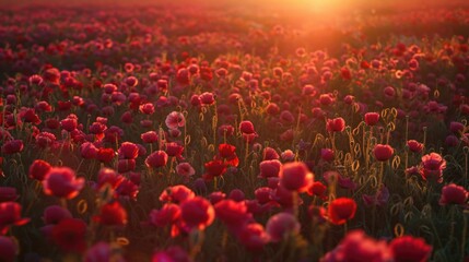 Beautiful field of red flowers with the sun shining in the background. Perfect for nature and landscape designs