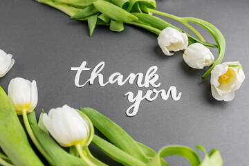 Thank You Message with White Tulips on Grey