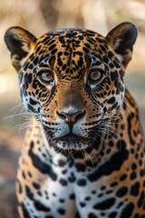 A close up of a leopard's face with a blurry background. Ideal for wildlife and nature concepts