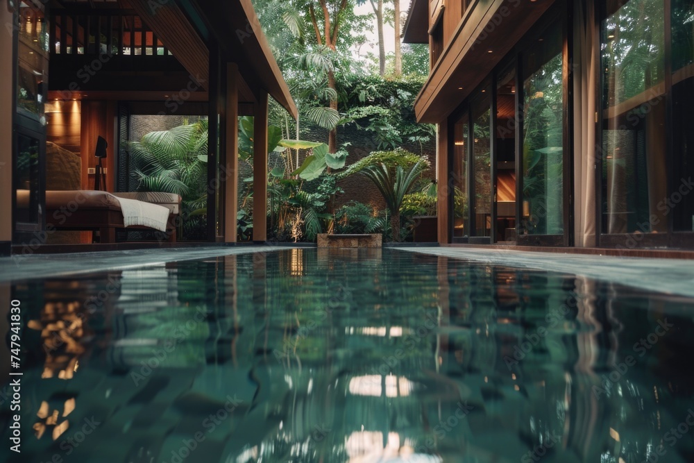 Poster a serene view of a pool in a tropical setting. perfect for travel brochures or relaxation concept