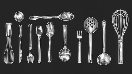 Various spoons and utensils on a black surface. Suitable for culinary and cooking concepts