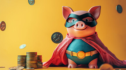 A superhero-fied piggy bank with coins.Save money and unleash your inner hero concept.