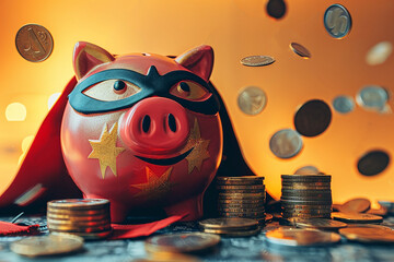 A superhero-fied piggy bank with coins.Save money and unleash your inner hero concept.