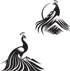 Set of Peacock black silhouette on white background 