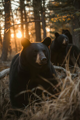 Black bear family walking towards the camera in the forest with setting sun. Group of wild animals in nature.